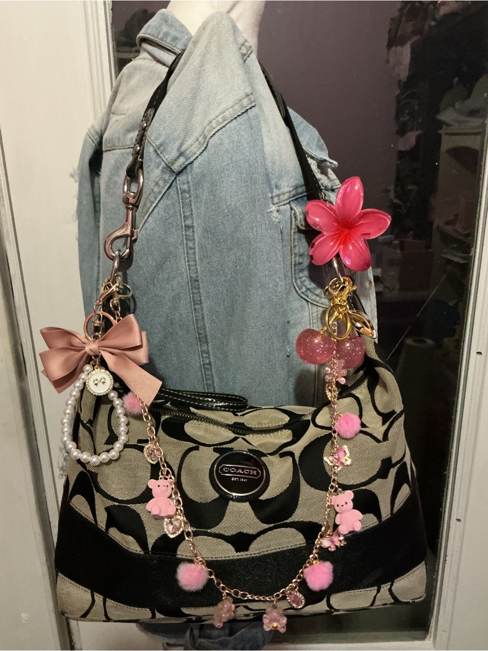 Coach Black & Tan Signature Shoulder Bag with Pink Charm Details